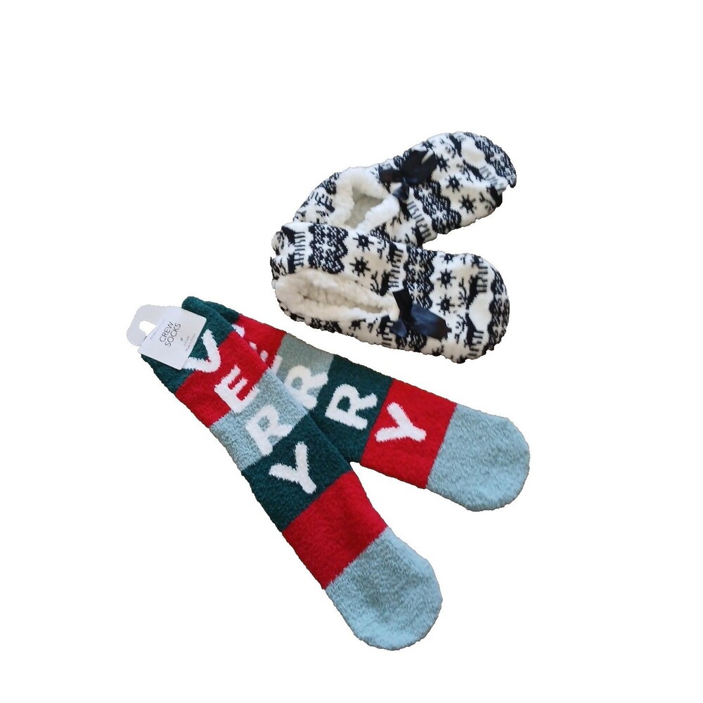 2 Maurices Women’s Size OS Very Merry Knit Crew Socks & Sock Slippers w Grippers